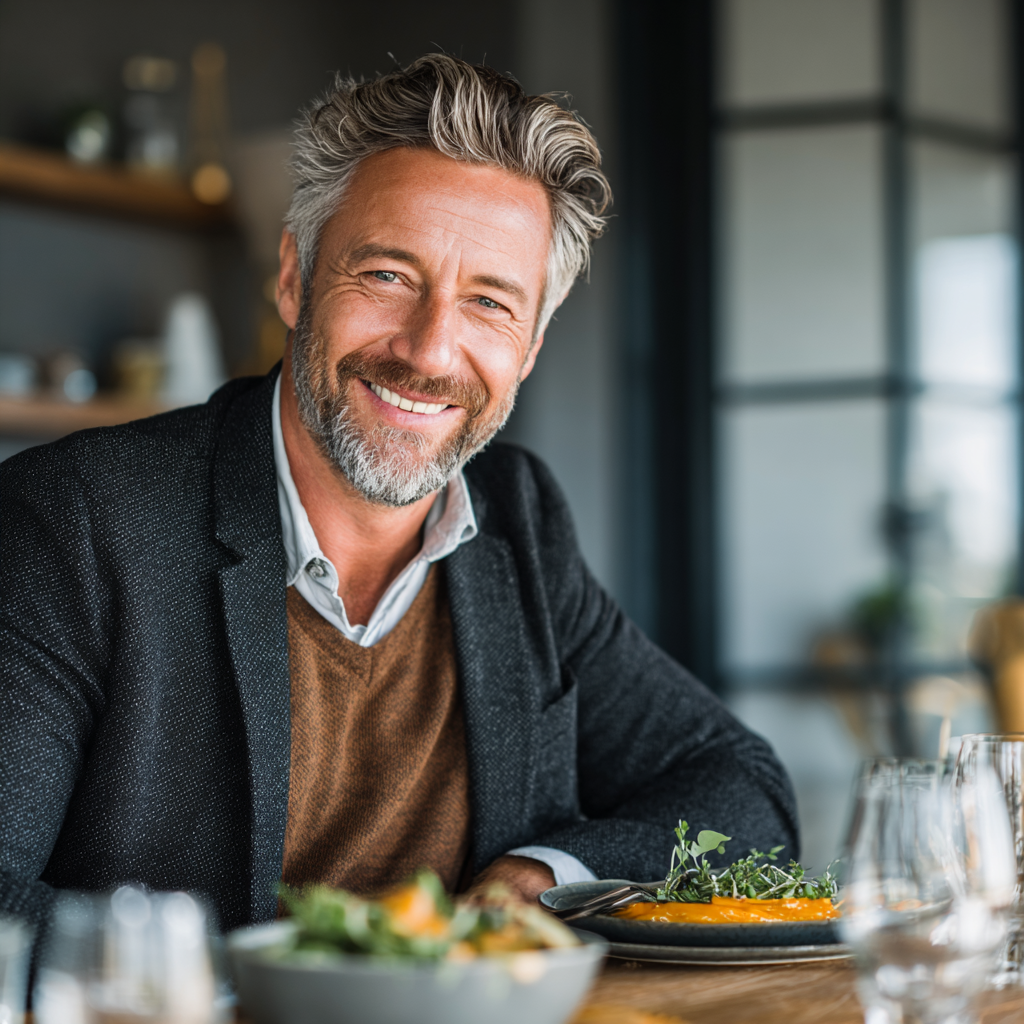 Confident man in his early 50s sitting at dining table with healthy meal, natural smile showing satisfaction, well-groomed appearance in business casual attire, bright natural lighting in modern dining room setting
