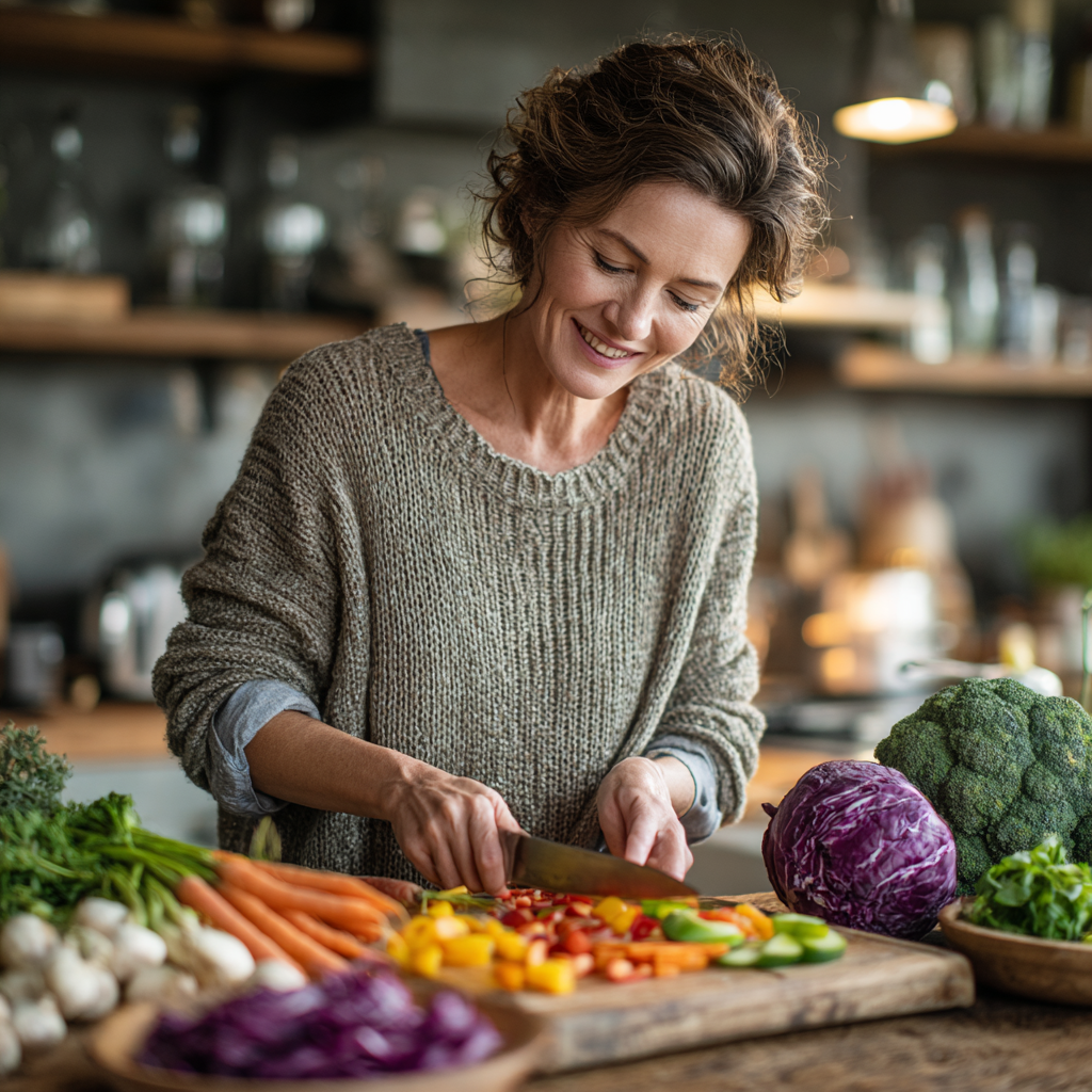 Middle-aged woman in her 40s preparing healthy meal in modern kitchen, chopping colorful vegetables with smile, wearing casual comfortable clothing, natural lighting showing fresh ingredients on wooden cutting board
